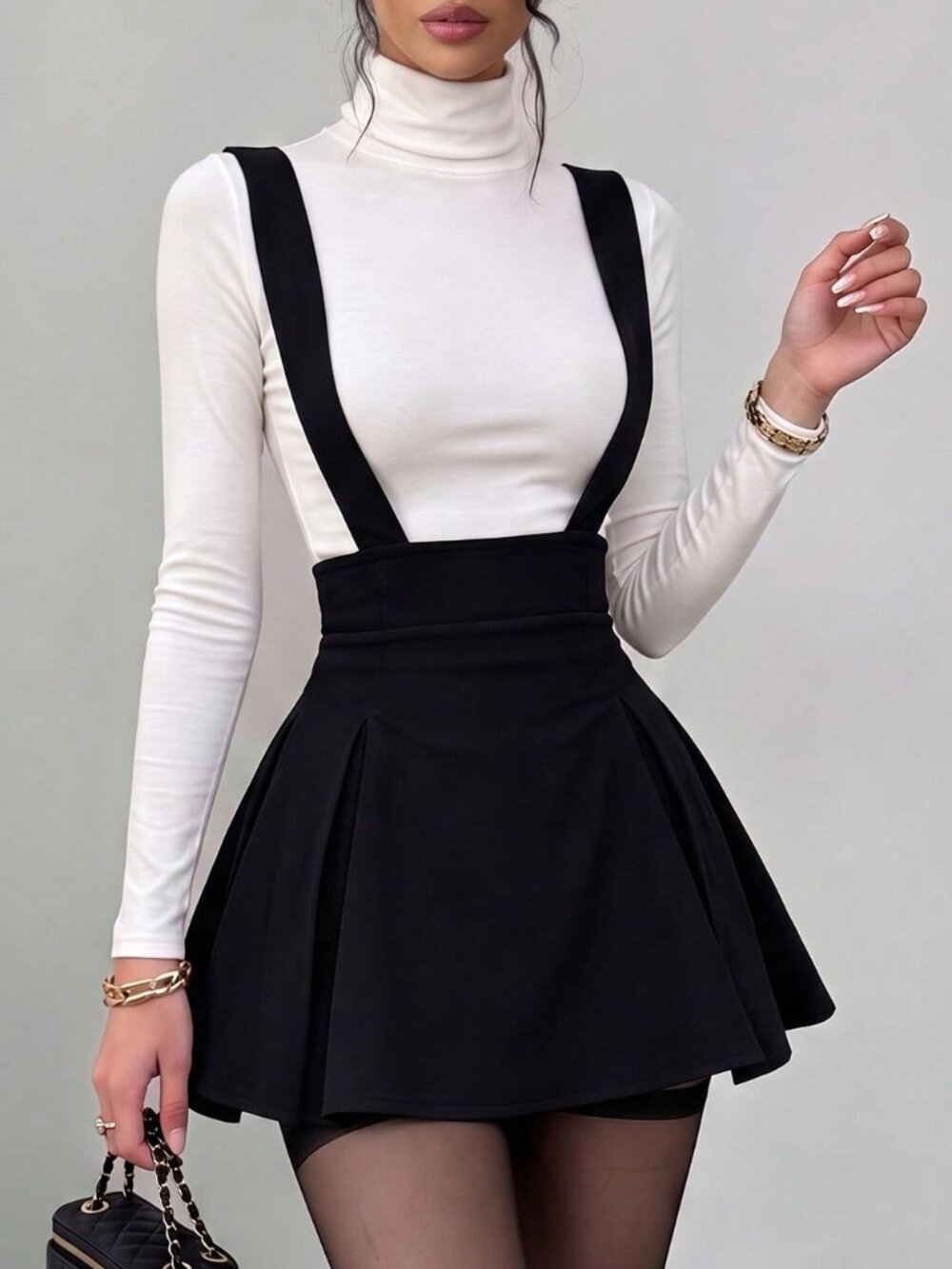 Black Casual Women's Loose Mid-Length Pleated Button Zipper Skirt